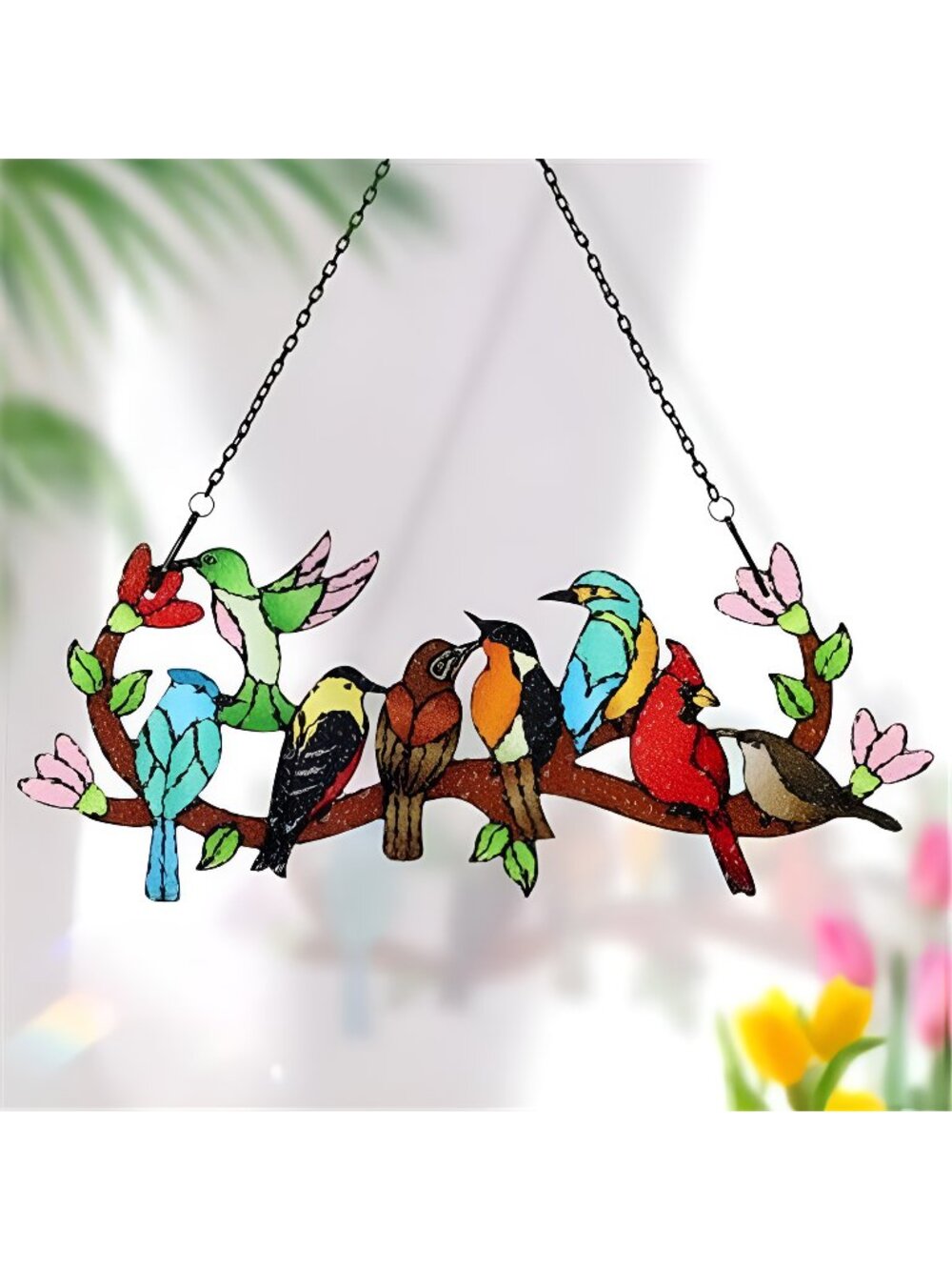 Birds On Branch Stained Glass Suncatcher Cardinal Hummingbird